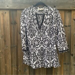 Jones New York | 100% Linen Black & White Floral Tunic 3/4 Sleeve